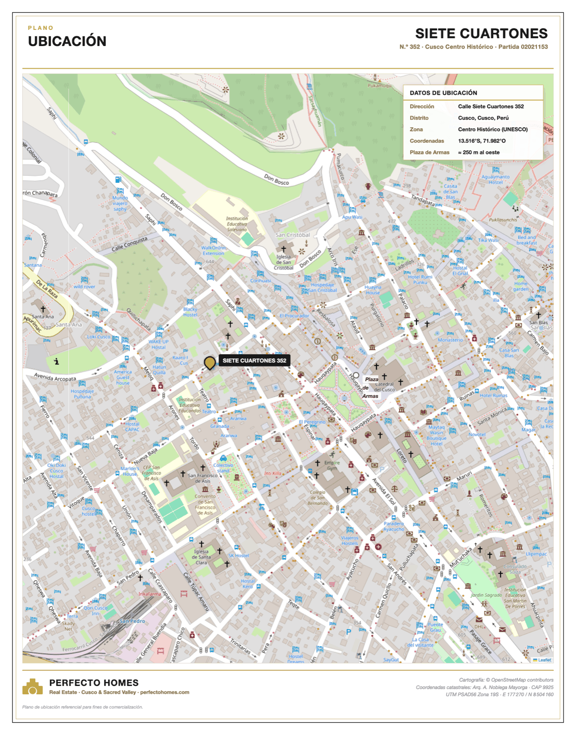 Location plan showing Siete Cuartones 352 in Cusco's historic center